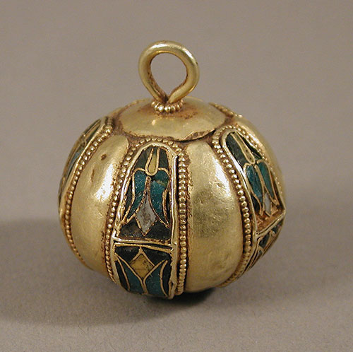 Gold spherical pendant or button embellished with enamel and granulation, Byzantine, 900-950